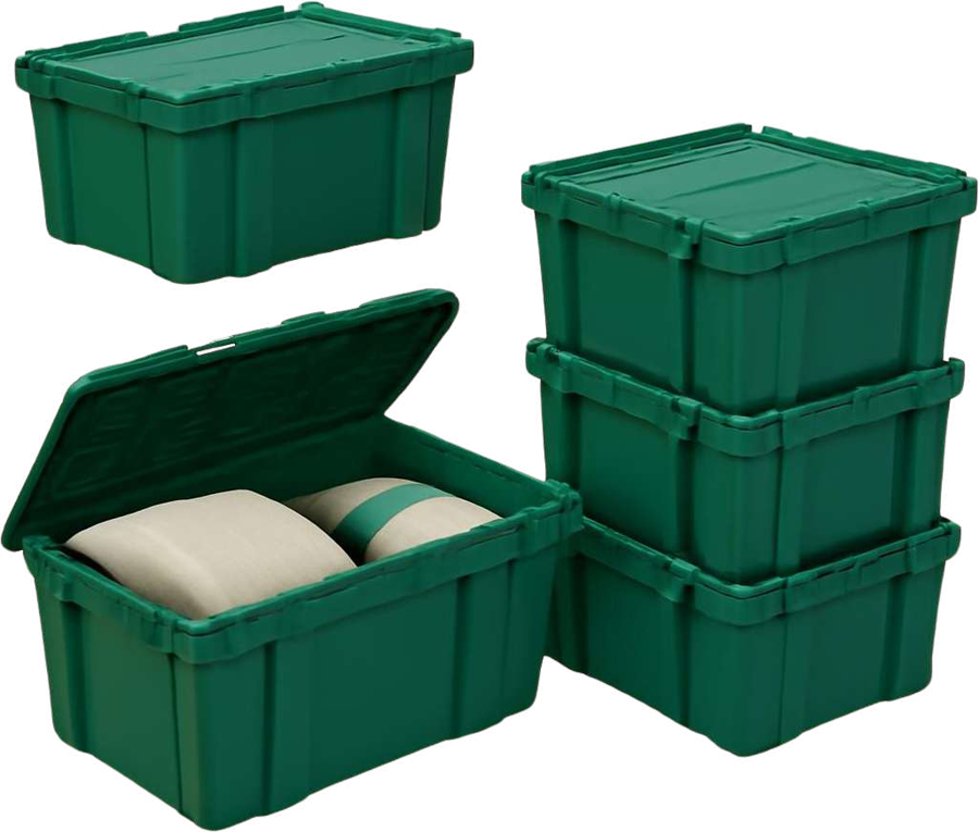 Cajas rígidas EcoBox de HDPE apiladas, una abierta mostrando embalaje protector